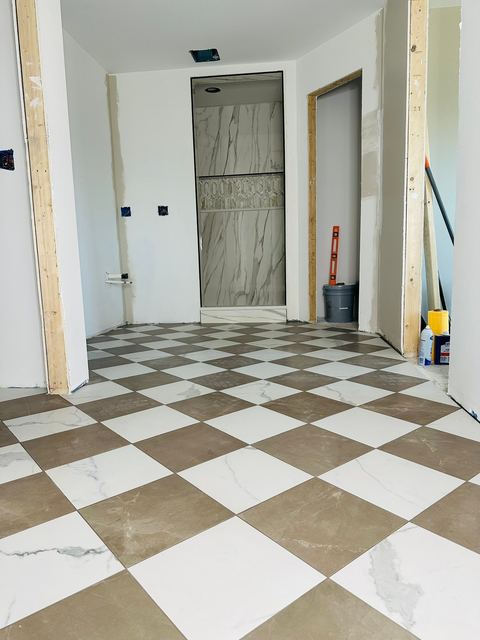 Checkerboard marble-look floor
